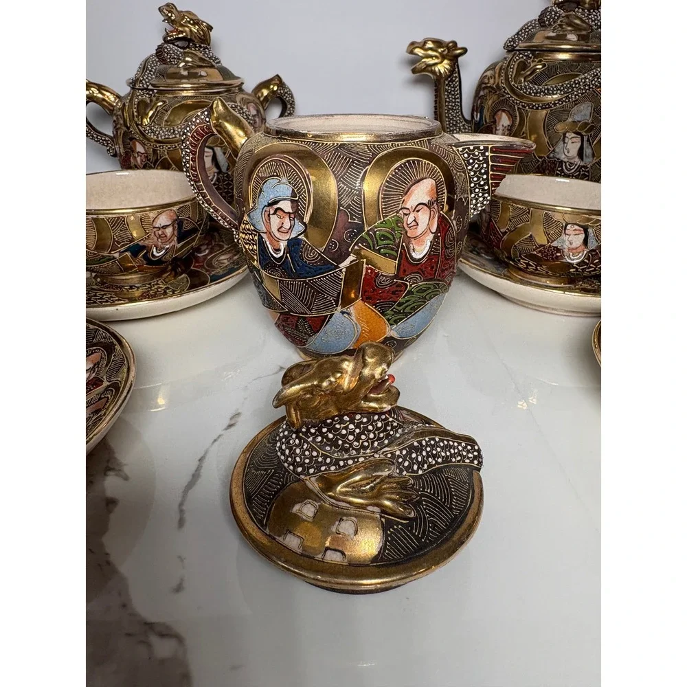 Vintage Japanese Satsuma Moriage‎ Dragon Tea Set Hand Painted Gold Gilt 11pc